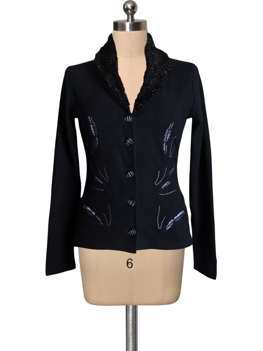 Vintage 90's Y2K Sabra Sports Black Faux Fur Embroidered Cardigan Sweater S